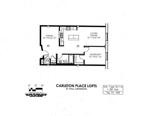 Floor plan for 1 bed, 1 bath, 934 sqft